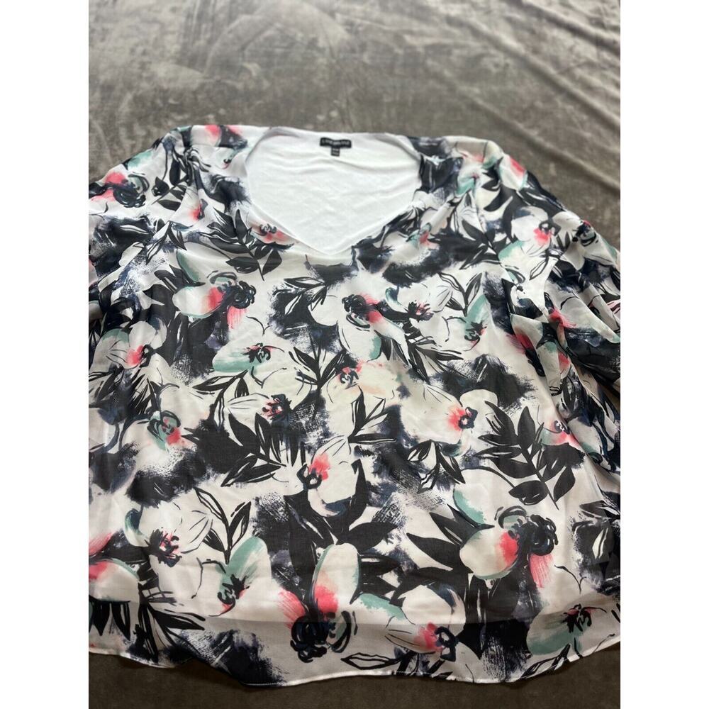 Lane Bryant Blouse Women 26/28 Plus White Floral 3/4 Sleeve V-Neck Lined Casual